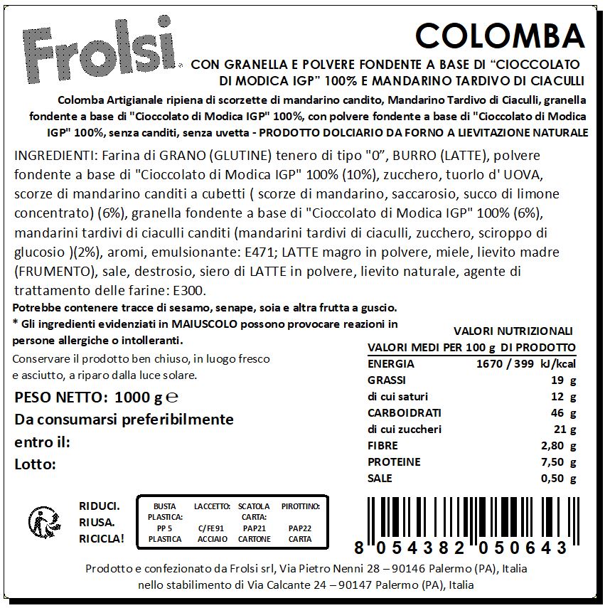 Colomba con granella e polvere fondente di "Cioccolato di Modica IGP" 100% e Mandarino Tardivo di Ciaculli