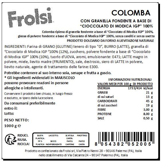 Colomba con granella fondente di "Cioccolato di Modica IGP" 100%