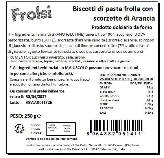 Biscotti di pasta frolla con  scorzette di Arancia